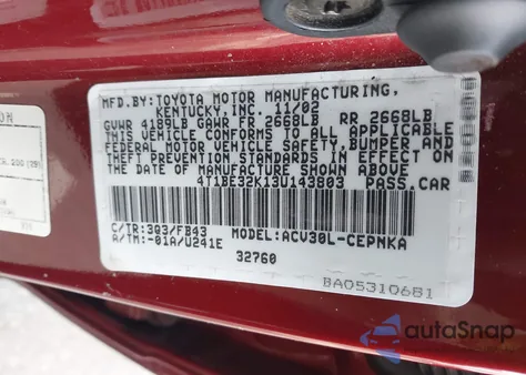 2003 Toyota Camry Le из США, поврежденный, VIN 4T1BE32K13U143803